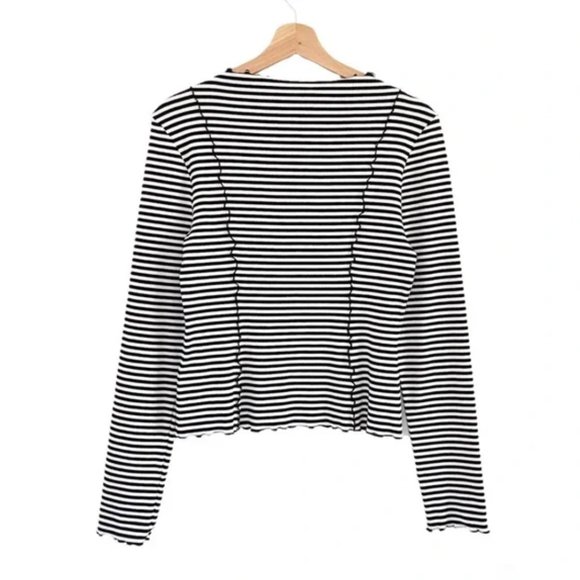 & Other Stories Stripe Lettuce Edge Long Sleeve Ribbed Boatneck Top - Picture 3 of 3